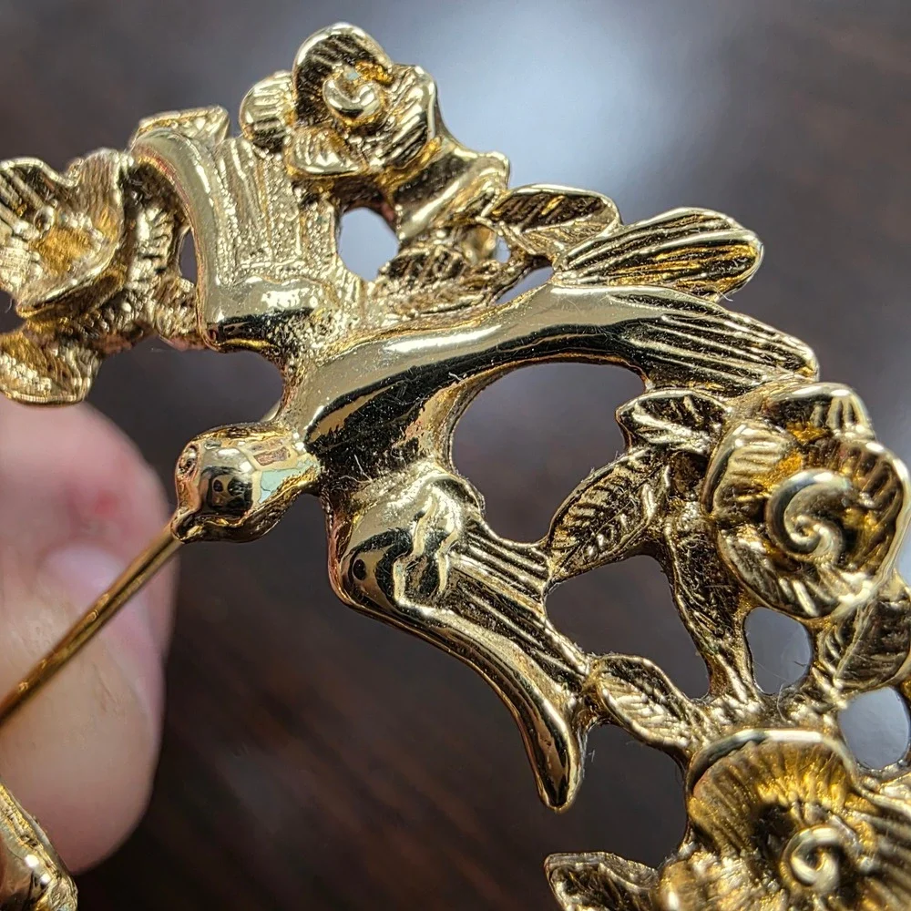 Vintage Gold Tone Bird and Rose Wreath Brooch Pin Nature Inspired Floral Wreath